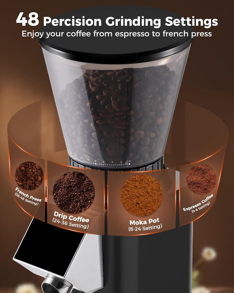Tuni G1 Conical Burr Coffee Grinder, 48 Grind Settings Anti-static Burr Mill, Precision Electronic Timer and LED Touchscreen for Espresso/Drip/Cold Brew/French Press, Stainless Steel, Noir - Image 3